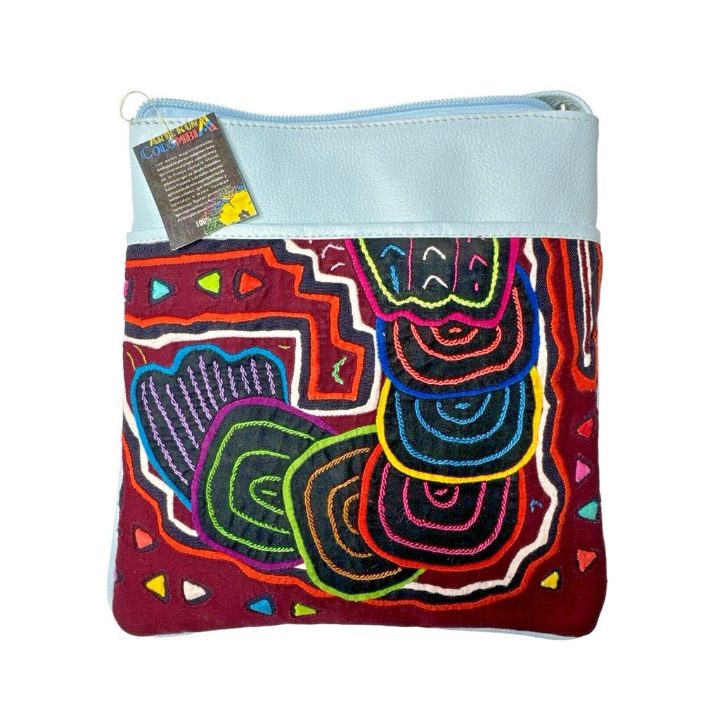 Arte Kuna Colombia Leather Crossbody Bag - Mola Design, Lined, Multiple Pockets